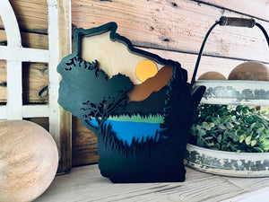 Layered Wisconsin Lake Cutout | Rustic WI Home Decor