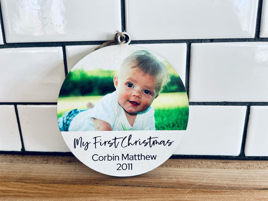 Personalized Photo Ornament | Custom Picture Keepsake | Baby’s First Christmas | UV Printed on Maple Wood | Christmas Gift for Baby
