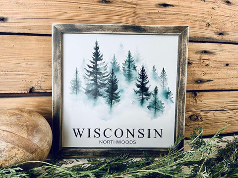 Northwoods Pine Trees Watercolor Sign – Rustic Wood Framed Wall Art – Wisconsin Home Decor – Cabin & Lodge Aesthetic – Printed Artwork Gift