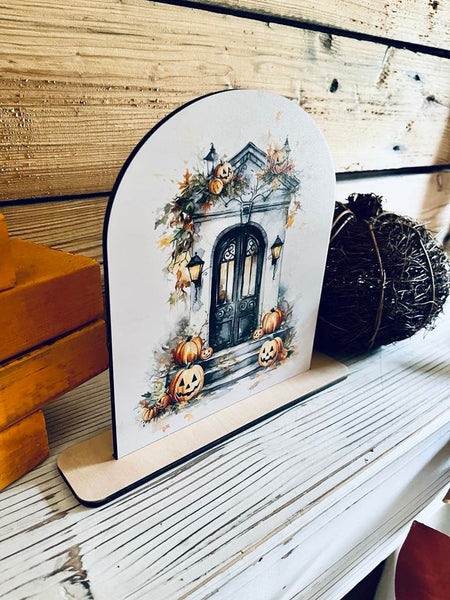 Halloween Porch Decor | Fall Pumpkin Door Sign | UV Printed Wood Arch Shelf Sitter | Farmhouse Halloween Decoration | Autumn Tabletop Decor
