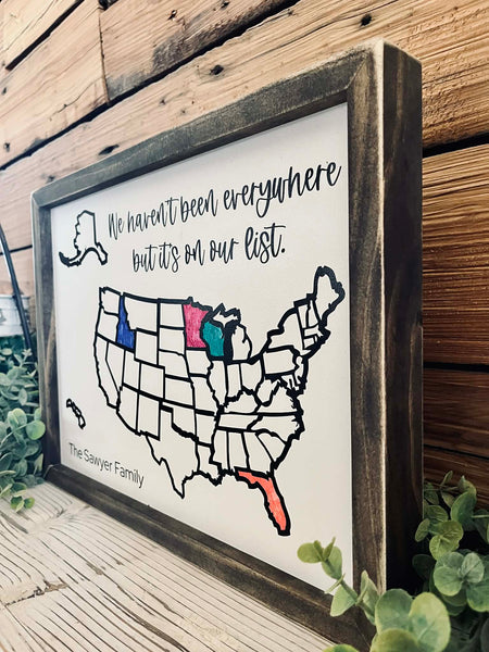 Personalized USA Travel Map Sign | Color-In Travel Tracker Gift