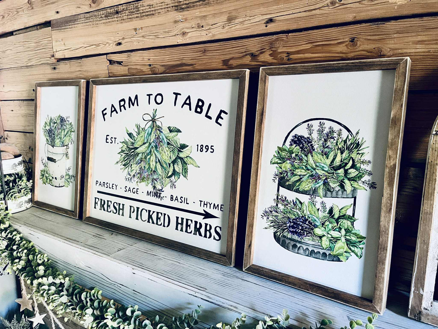 Farm to Table Herb Kitchen Sign Set – Framed Botanical Wall Art – Fresh Picked Herbs, Parsley Sage Mint Basil Thyme – Rustic Farmhouse Kitchen Decor
