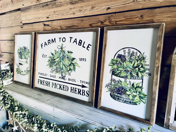 Farm to Table Herb Kitchen Sign Set – Framed Botanical Wall Art – Fresh Picked Herbs, Parsley Sage Mint Basil Thyme – Rustic Farmhouse Kitchen Decor