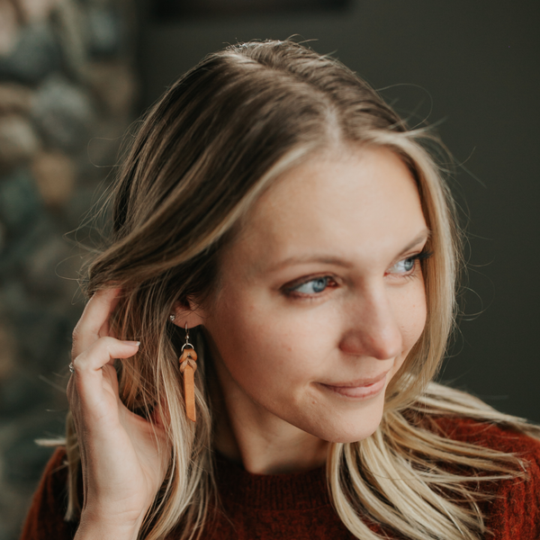 Handcrafted Full-Grain Leather Braided Earrings: Natural