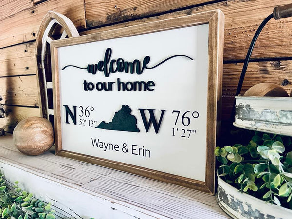 Personalized Welcome Home Sign with GPS Coordinates | Custom Housewarming Gift for New Homeowners | Realtor Closing Gift | Family Name Sign