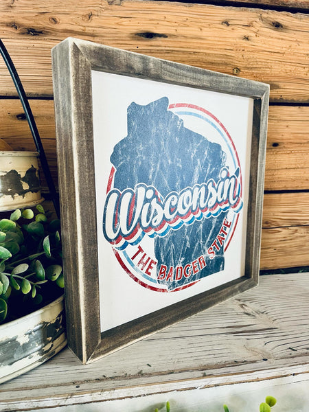 Vintage Wisconsin Wall Sign | The Badger State Decor | Square Wooden UV Printed Design
