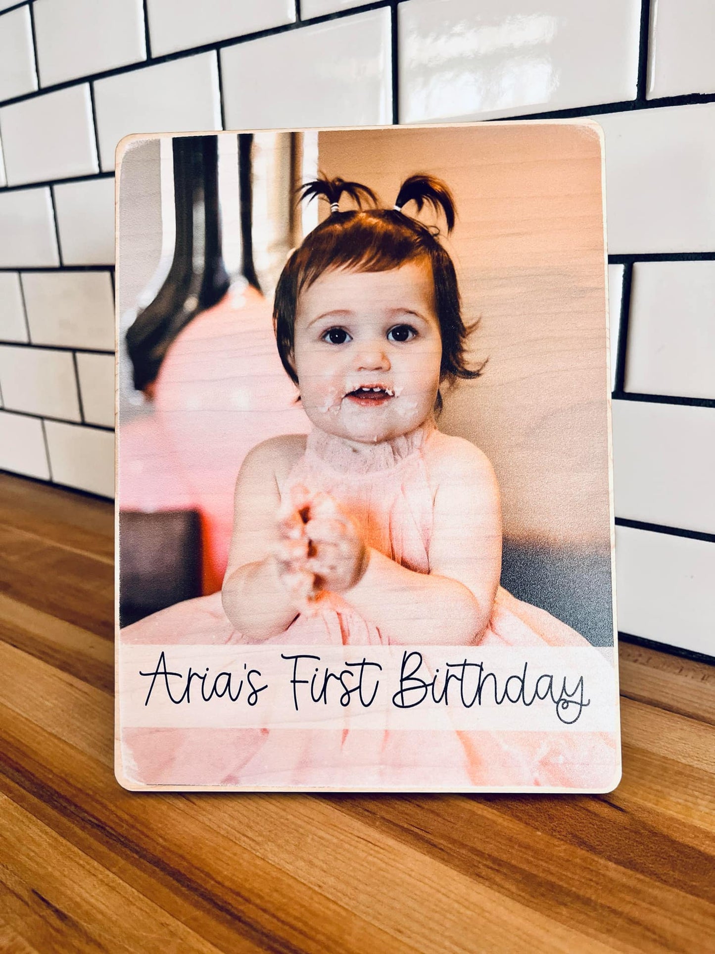 Custom First Birthday Photo Shelf Sitter | Personalized Baby Picture on Wood