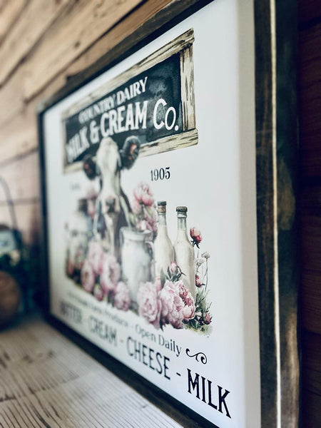 Vintage Country Dairy Cow Farmhouse Sign | Milk and Cream Co Kitchen Wall Art | Rustic Barn Decor with Flowers and Cow | Butter Cream Cheese Milk