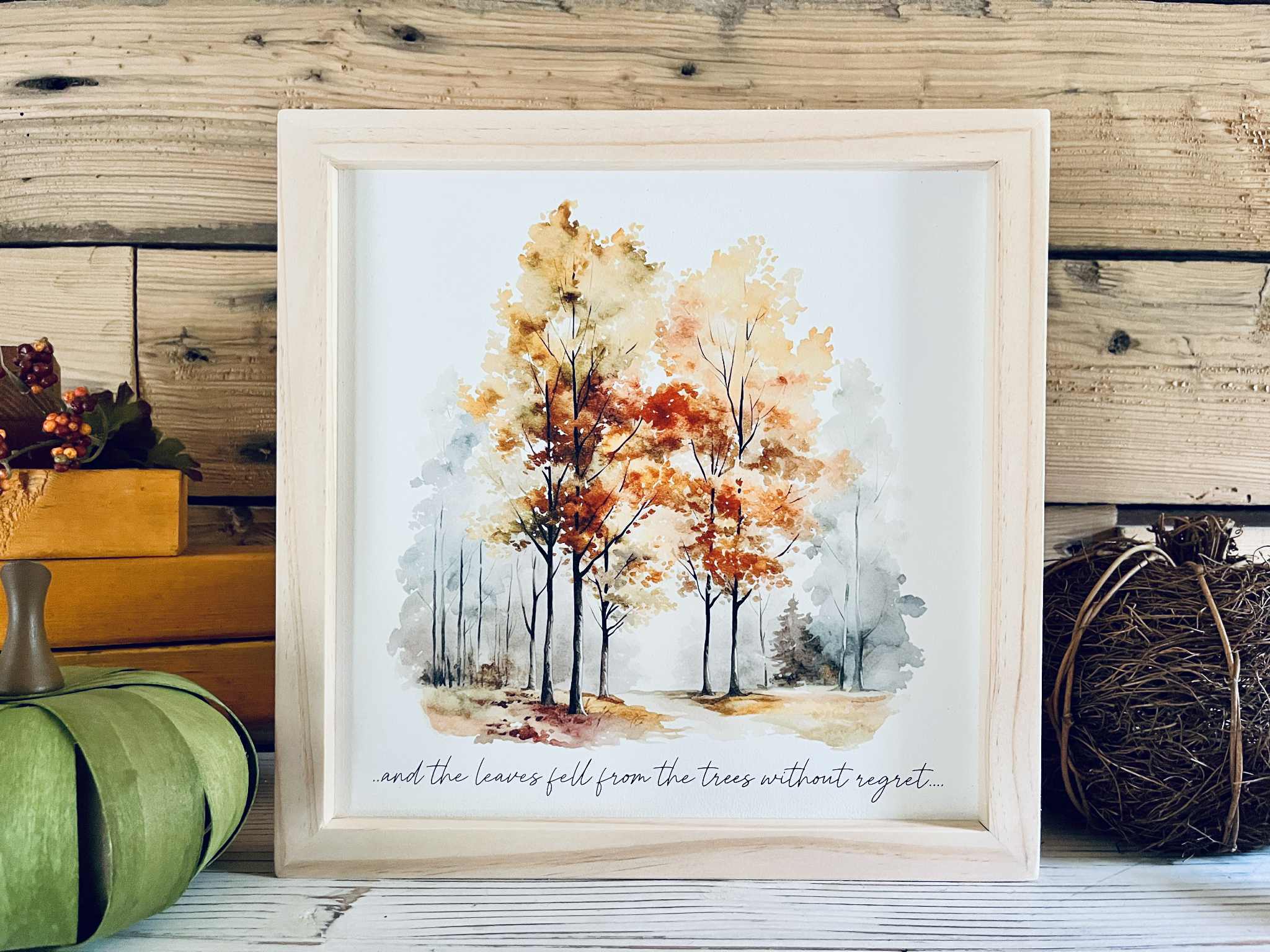Framed Autumn Tree Print with Inspirational Quote | Fall Wall Art | Watercolor Forest Decor | Seasonal Home Sign | Rustic Farmhouse Style