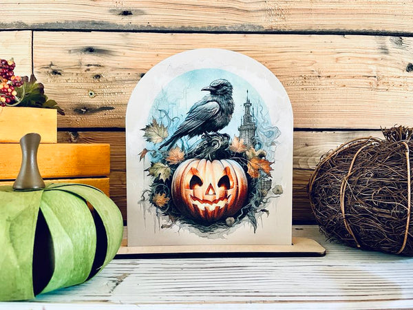 Halloween Crow and Pumpkin Wood Sign | Gothic Fall Decor | Spooky Jack-O'-Lantern Tabletop Display | Rustic Halloween Shelf Sitter