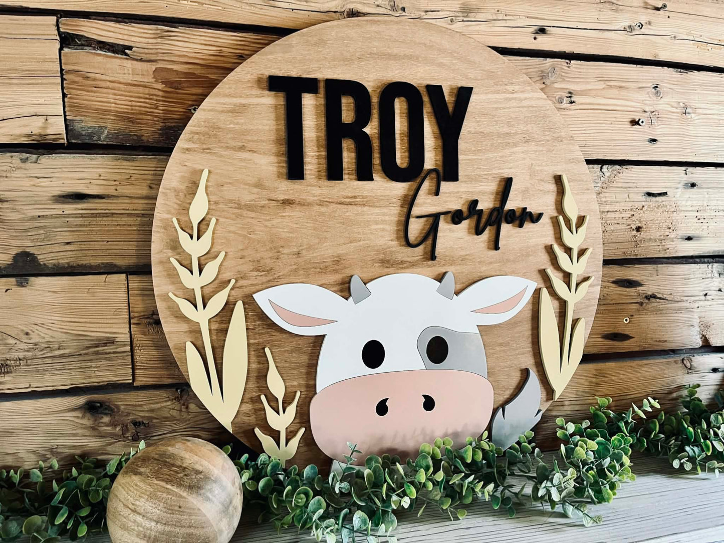 Personalized Cow Nursery Name Sign – Round Wood Wall Decor