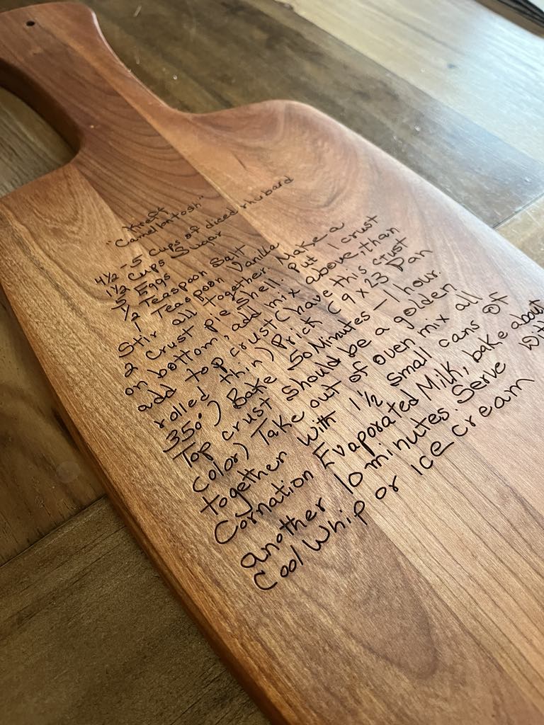 Engraved Cherry Small Wood Serving Board with Handle | Personalized Cutting Board with Family Recipe in Original Handwriting