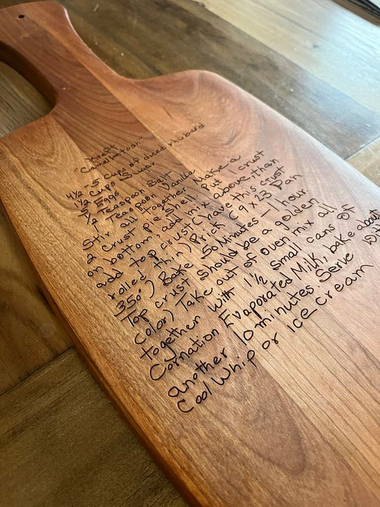 Engraved Cherry Small Wood Serving Board with Handle | Personalized Cutting Board with Family Recipe in Original Handwriting