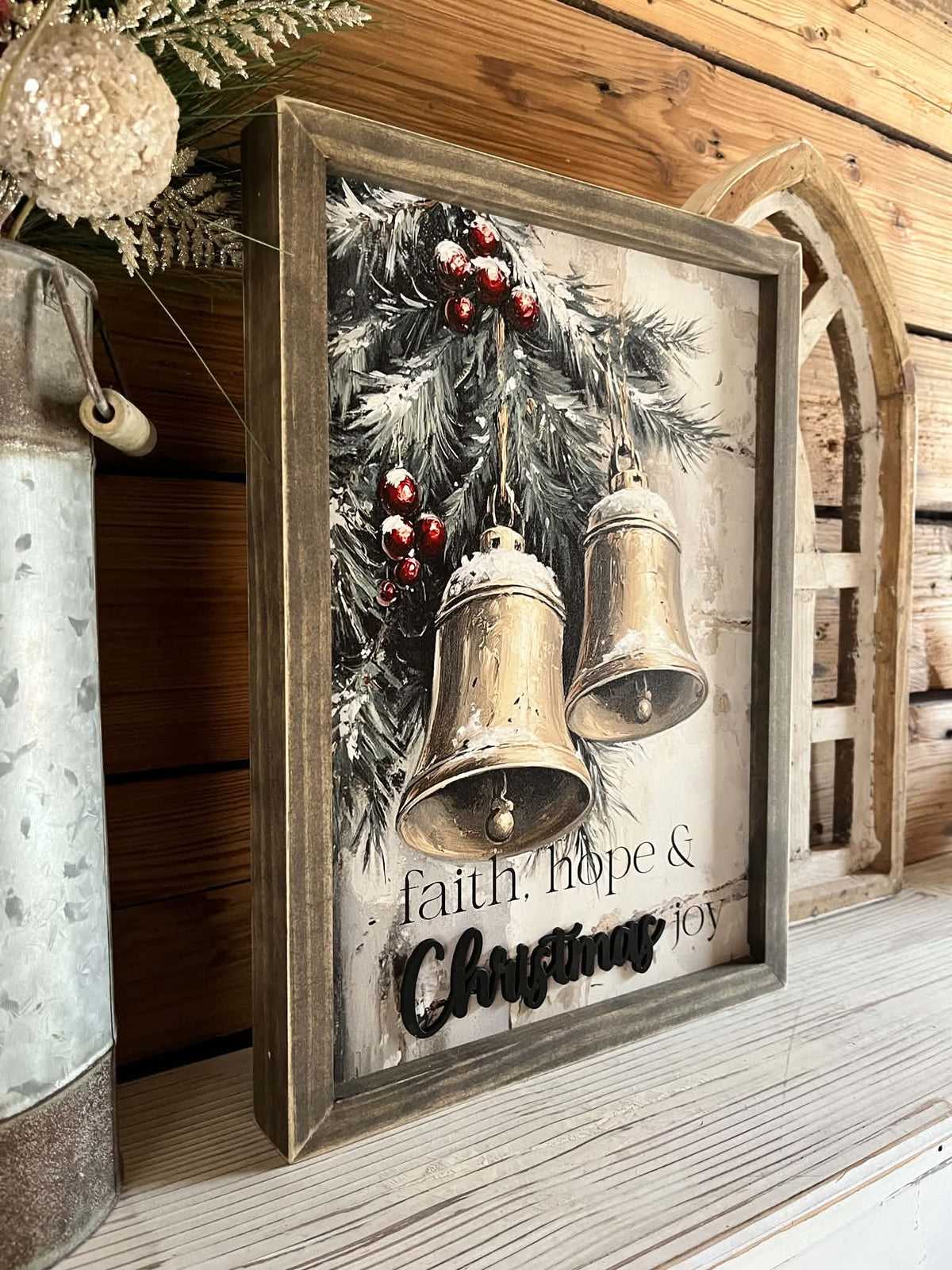 Faith, Hope & Christmas Joy Bells Sign | Rustic Christmas Wall Decor