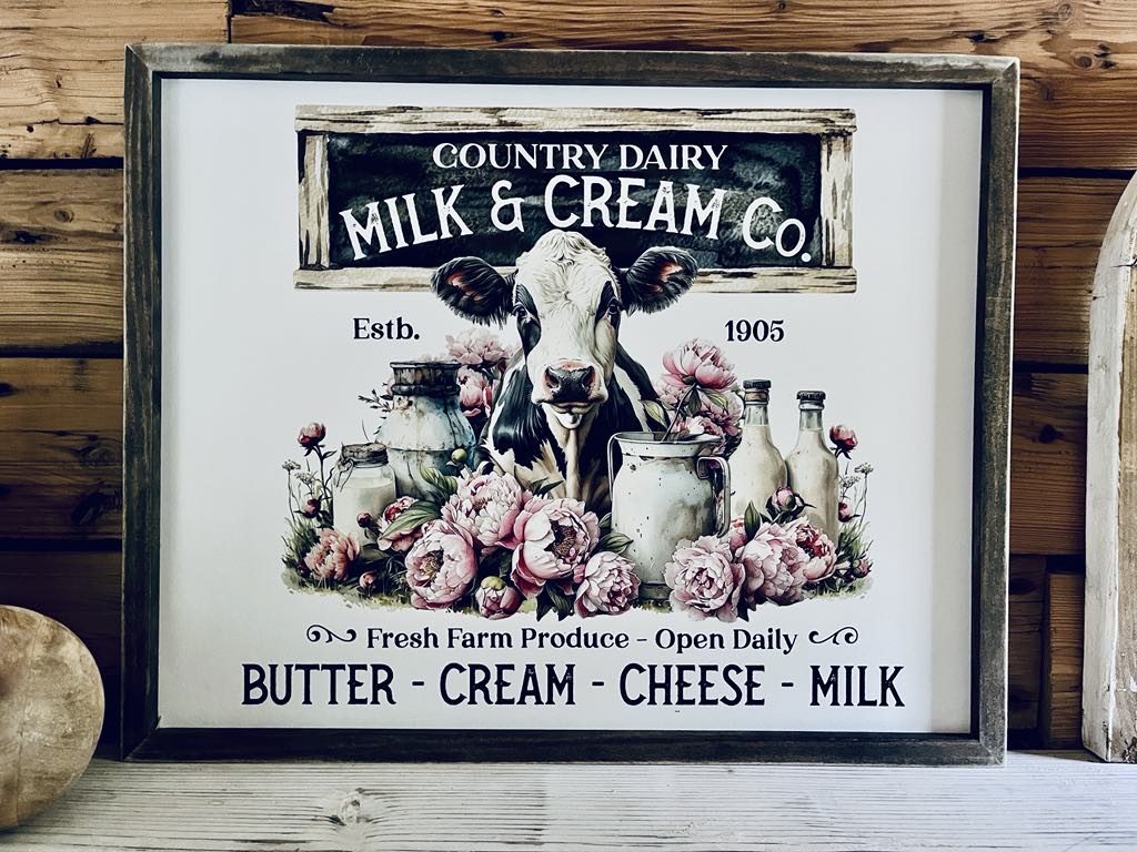 Vintage Country Dairy Cow Farmhouse Sign | Milk and Cream Co Kitchen Wall Art | Rustic Barn Decor with Flowers and Cow | Butter Cream Cheese Milk
