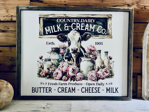 Vintage Country Dairy Cow Farmhouse Sign | Milk and Cream Co Kitchen Wall Art | Rustic Barn Decor with Flowers and Cow | Butter Cream Cheese Milk