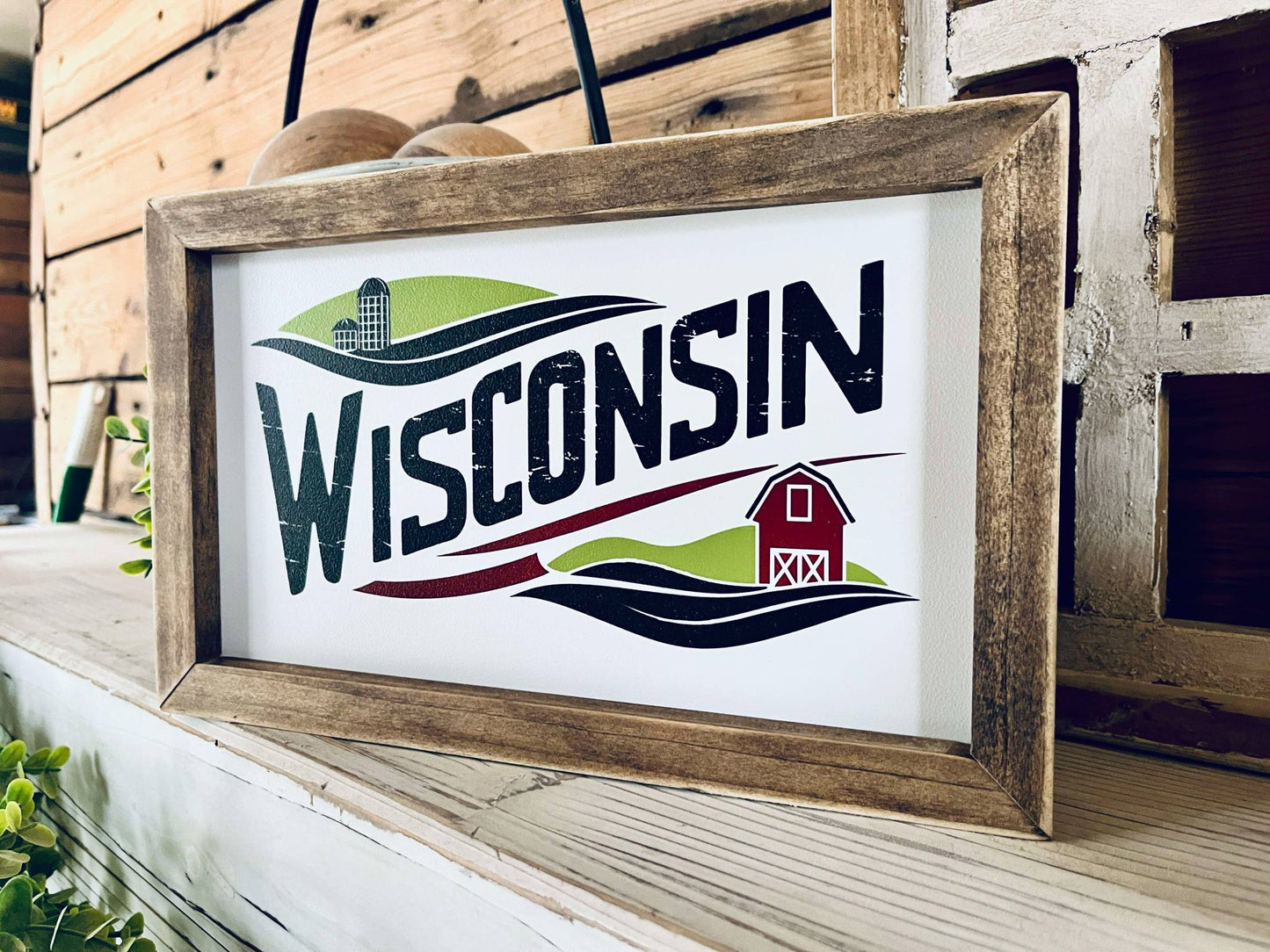 Wisconsin Farmhouse Wood Sign | Barn and Silo Wall Art | Framed Country Decor | Printed Wisconsin State Sign for Home or Gift