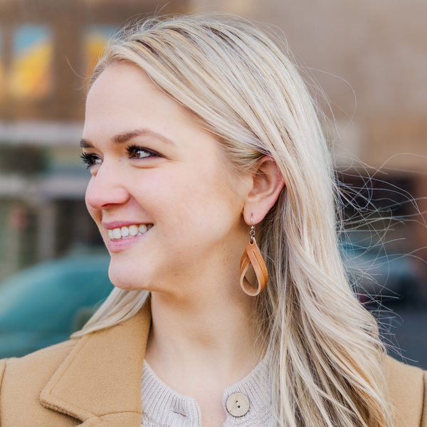 Handcrafted Full-Grain Leather Double Hoop Earrings: Natural