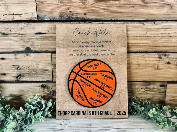 Personalized Coach Gift Sign – Custom Team Basketball Plaque with Player Names – End of Season Thank You Coach Gift – Team Appreciation Wood Sign