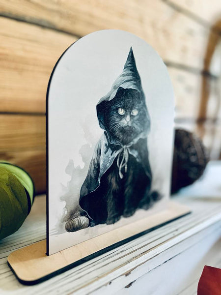 Black Cat Halloween Shelf Sitter | Witch Cat Wood Sign | Spooky Fall Decor | Gothic Cat Art | UV Printed Halloween Decoration