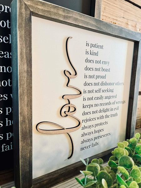 Love Is Patient Wood Sign – Framed Scripture Wall Decor