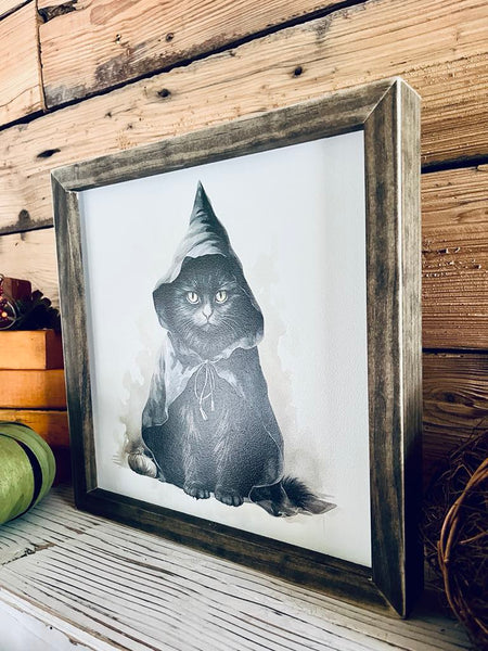 Framed Halloween Black Cat Sign | Witchy Fall Decor | UV Printed Spooky Cat Wall Art | Farmhouse Halloween Sign | 12x12 Print