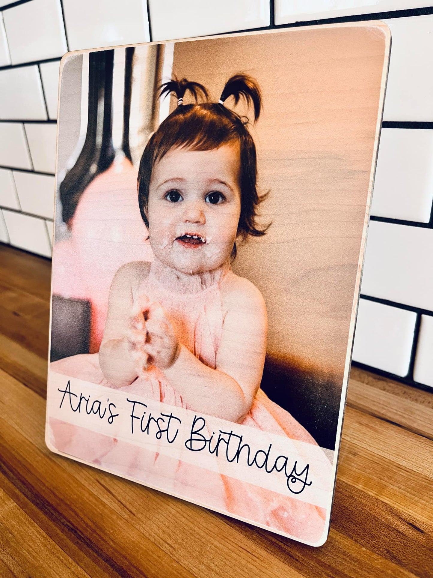 Custom First Birthday Photo Shelf Sitter | Personalized Baby Picture on Wood