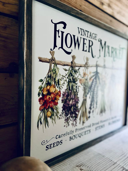 Vintage Flower Market Sign Set – Dried Floral Wall Art – Botanical Farmhouse Decor – Framed Herb Bouquet Prints – Kitchen or Garden Art