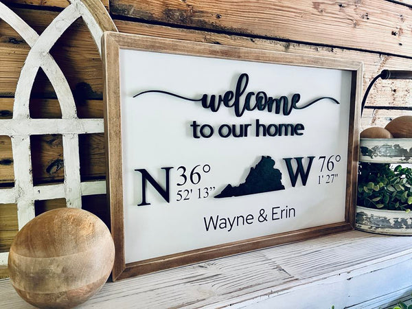Personalized Welcome Home Sign with GPS Coordinates | Custom Housewarming Gift for New Homeowners | Realtor Closing Gift | Family Name Sign
