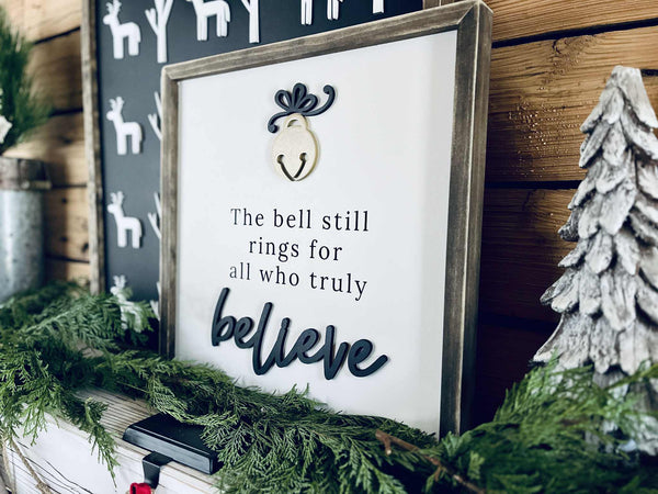 Farmhouse Christmas Believe Sign with Jingle Bell – Holiday Mantel & Wall Decor