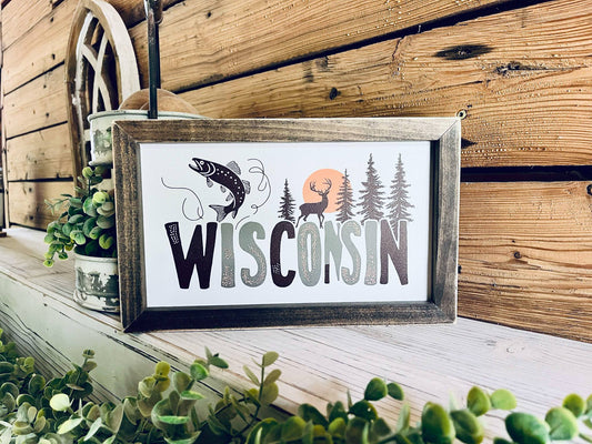 Wisconsin Farmhouse Framed Wood Sign – Deer, Fish & Pine Tree Design – Cabin Wall Art, Lake House Decor, Nature Lover Gift