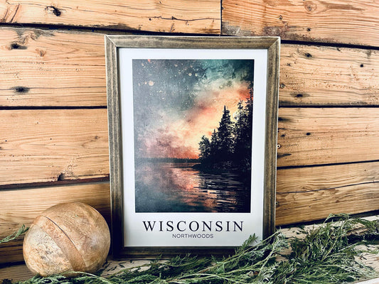 Wisconsin Northwoods Wall Art - Framed Night Sky Print with Lake & Trees | Northern Lights | Cabin Decor | Nature-Inspired Wisconsin Gift