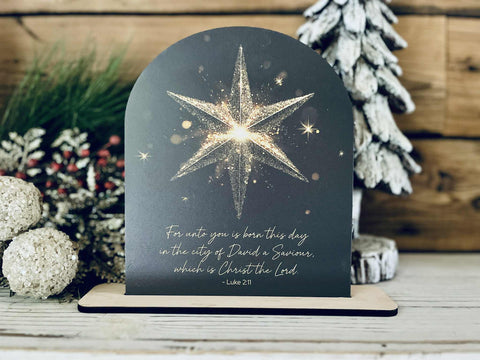 Luke 2:11 Star Tabletop Sign – Christian Farmhouse Christmas Freestanding Décor