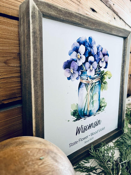 Wisconsin State Flower Wood Sign – Wood Violet Wall Art – Rustic Framed Botanical Print – Farmhouse Decor – State Pride Gift