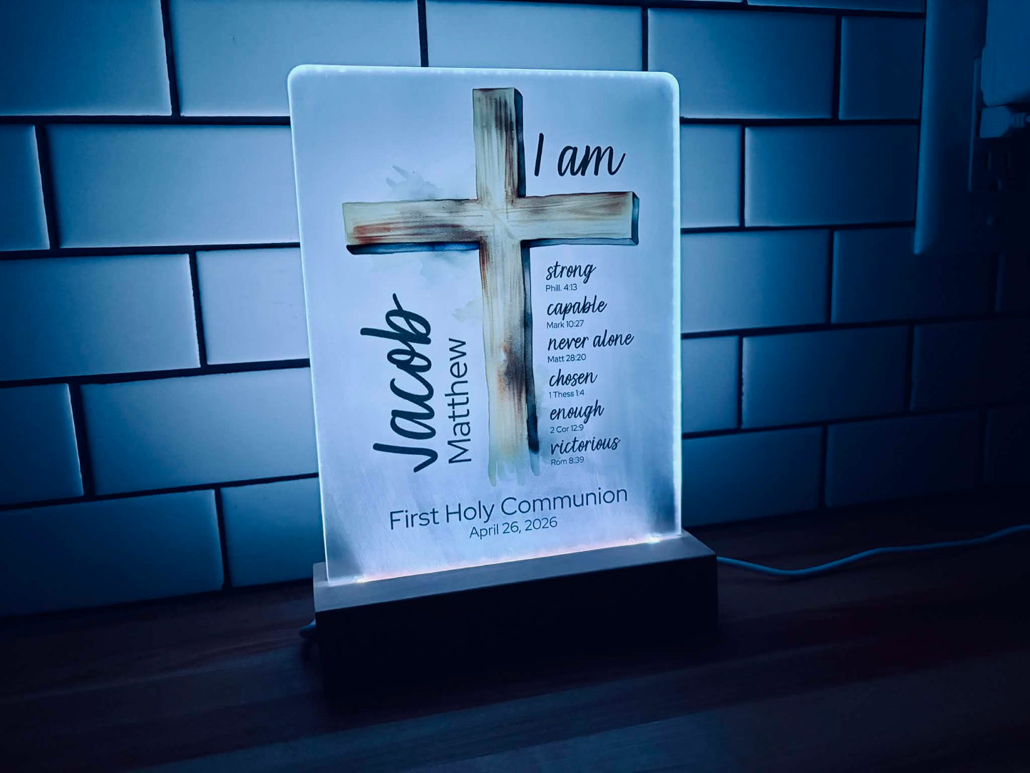Personalized First Communion Night Light with Name & Bible Verses