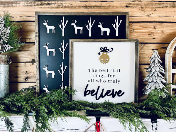 Farmhouse Christmas Believe Sign with Jingle Bell – Holiday Mantel & Wall Decor