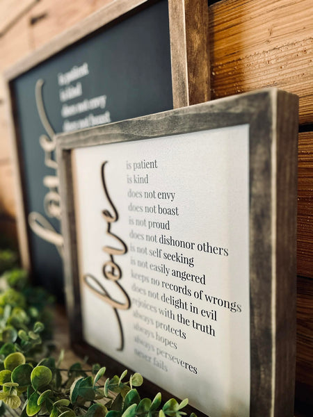 Love Is Patient Wood Sign – Framed Scripture Wall Decor