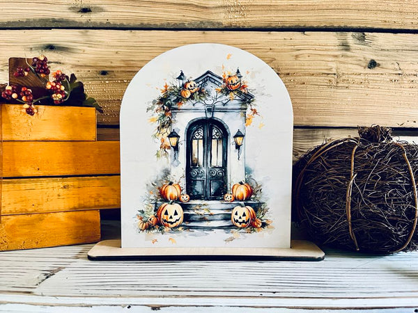 Halloween Porch Decor | Fall Pumpkin Door Sign | UV Printed Wood Arch Shelf Sitter | Farmhouse Halloween Decoration | Autumn Tabletop Decor