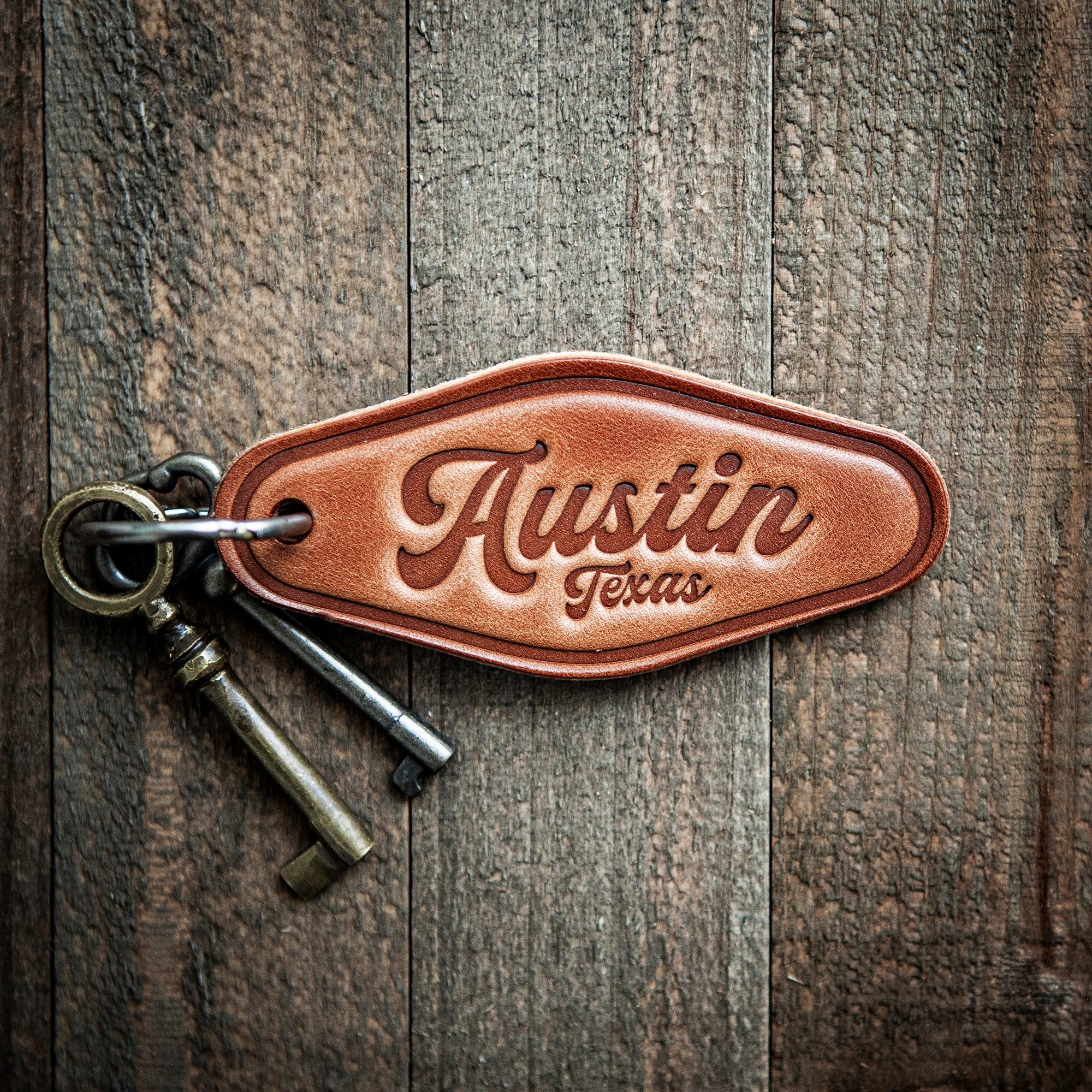 Austin Texas Script Leather Keychain Motel Style