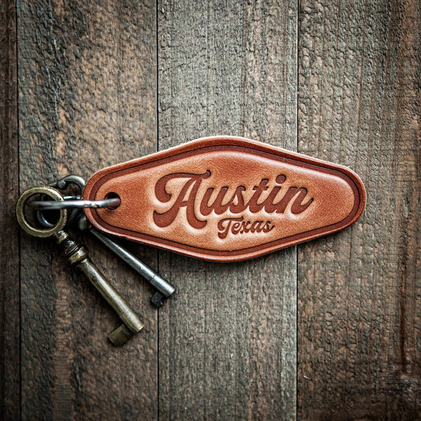Austin Texas Script Leather Keychain Motel Style