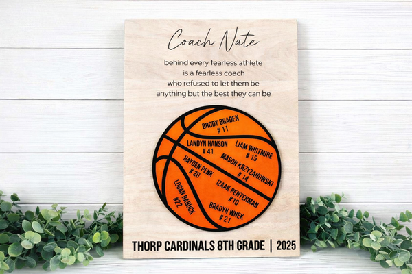 Personalized Coach Gift Sign – Custom Team Basketball Plaque with Player Names – End of Season Thank You Coach Gift – Team Appreciation Wood Sign