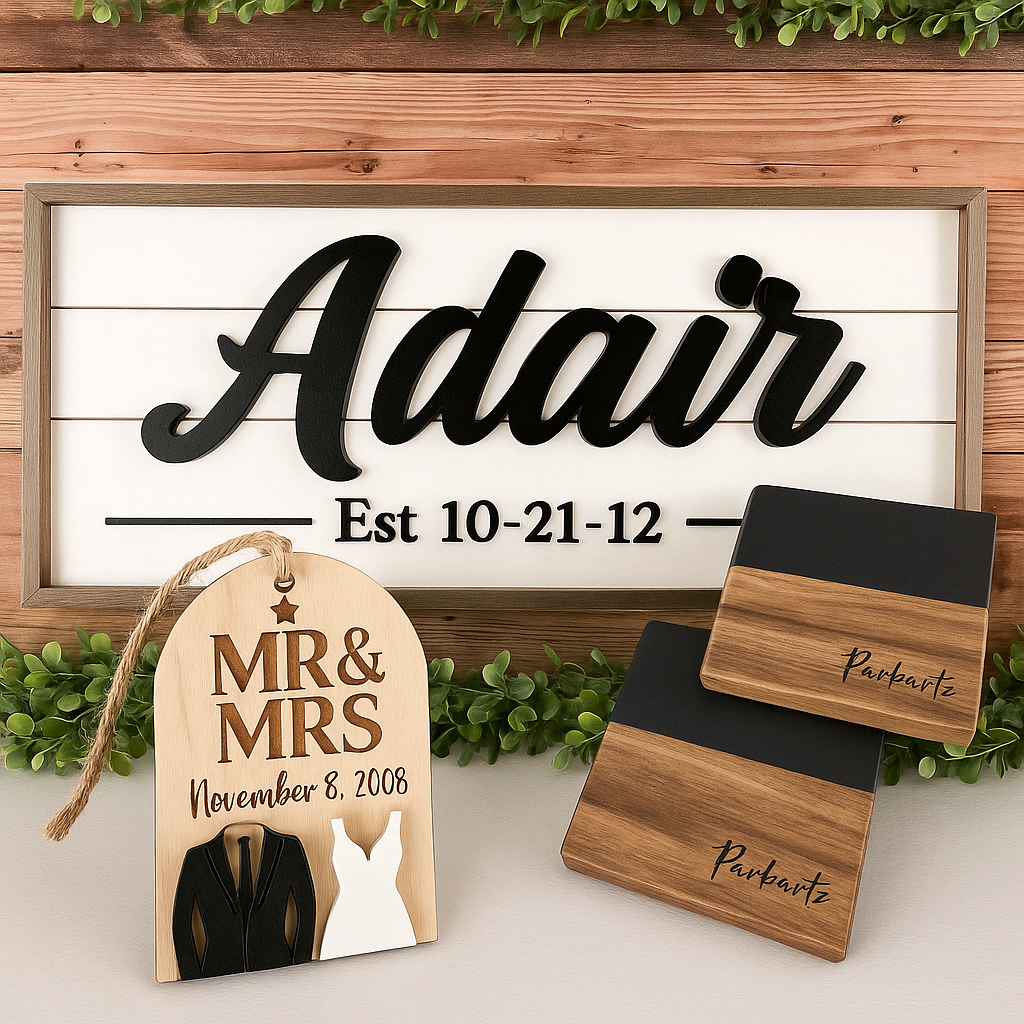 Personalized Wedding Gift Bundle – Custom Family Name Sign, Mr & Mrs Ornament, and Engraved Coasters