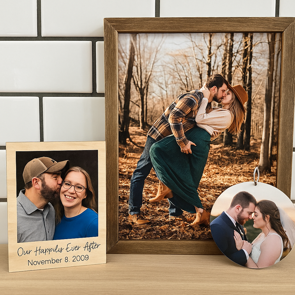 Personalized Wedding Gift Set – Photo Magnet, Wood Ornament & Framed Sign | Custom Anniversary Keepsake