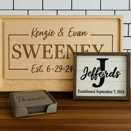 Personalized Wedding Gift Bundle – Custom Cutting Board, Family Name Sign & Engraved Coasters – Bridal Shower Gift Set – Newlywed Home Decor