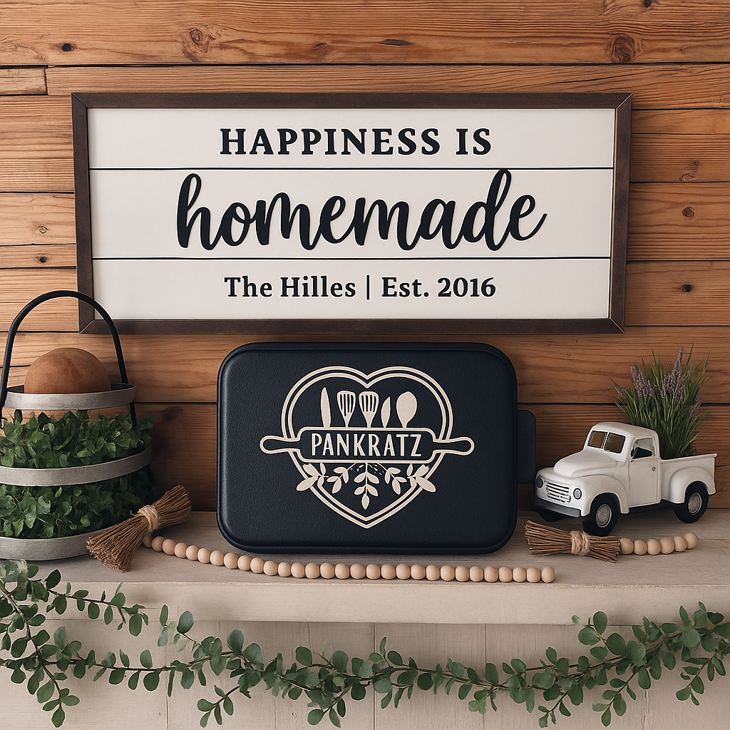 Personalized Kitchen Bundle – Custom “Happiness is Homemade” Wood Sign & Engraved Cake Pan – Farmhouse Kitchen Decor Gift Set for Weddings, Housewarmings & Families