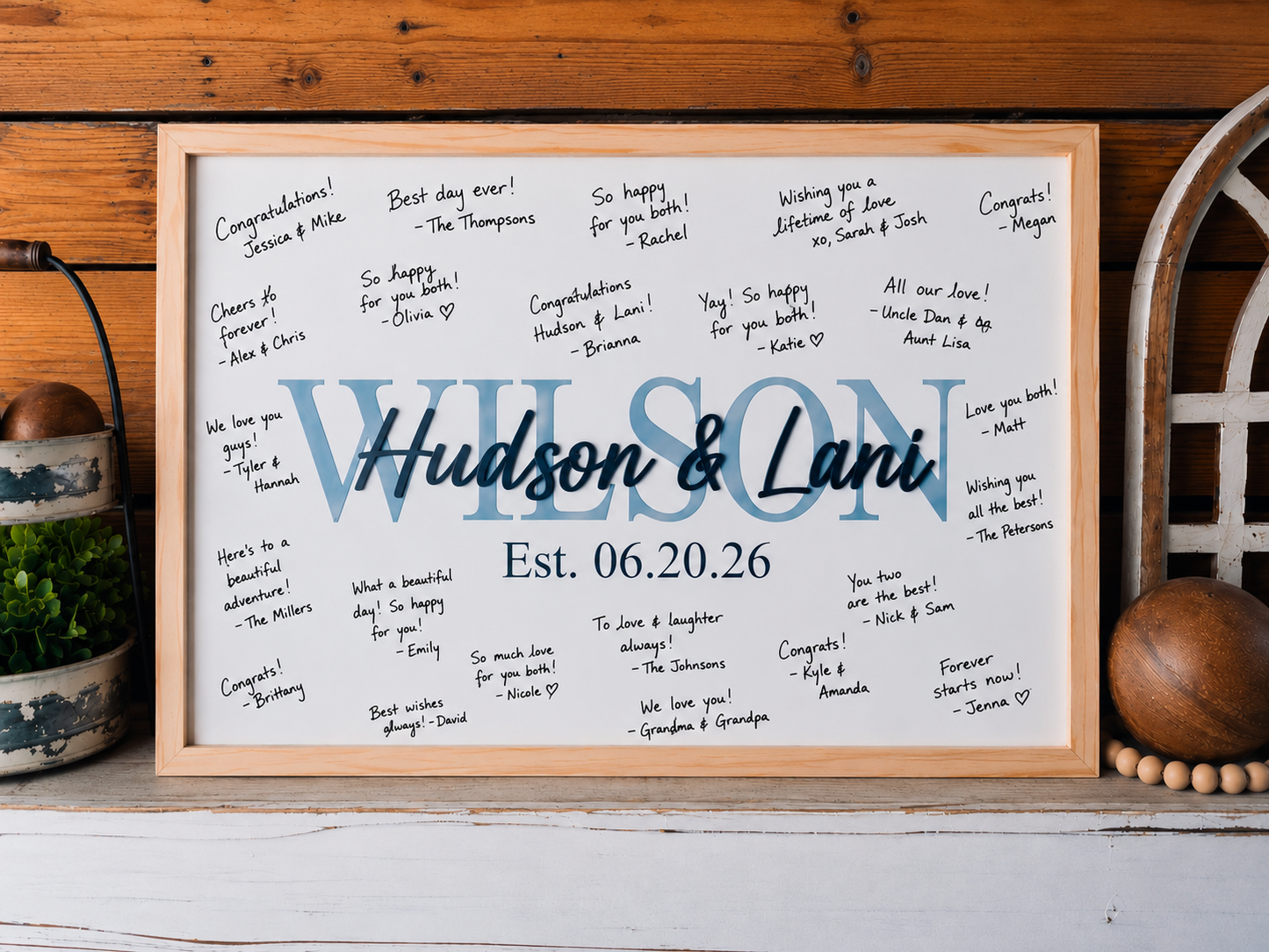 Framed 3D Wood Wedding Guestbook Sign with Name and Date