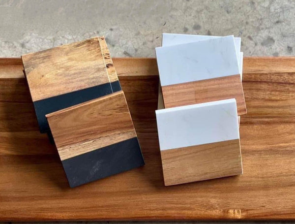 Wisconsin Coasters | Marble and Wood Coasters | Set of 4 Square Slate Coasters | Wisconsin Gifts