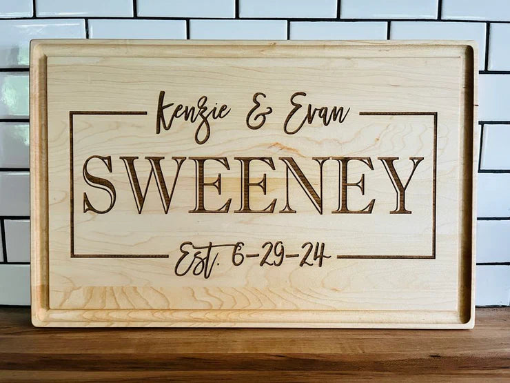 Personalized Wedding Gift Bundle – Custom Cutting Board, Family Name Sign & Engraved Coasters – Bridal Shower Gift Set – Newlywed Home Decor
