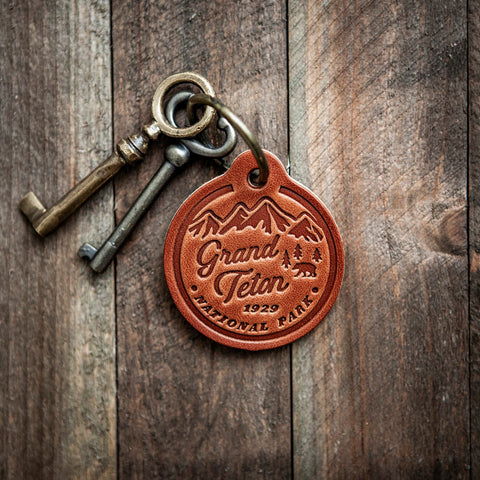 Grand Teton National Park Leather Keychain Circle Style