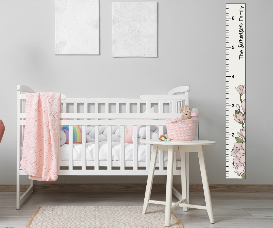 3D Raised Floral Growth Chart Ruler - Personalized Last Name Measuring Stick - 6' x 12" Wood Nursery Decor
